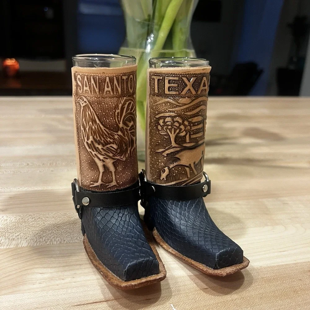 Unique Leather Boot Shot Glasses, Set Of 2, San‎ Antonio, Texas - Made In Mexico